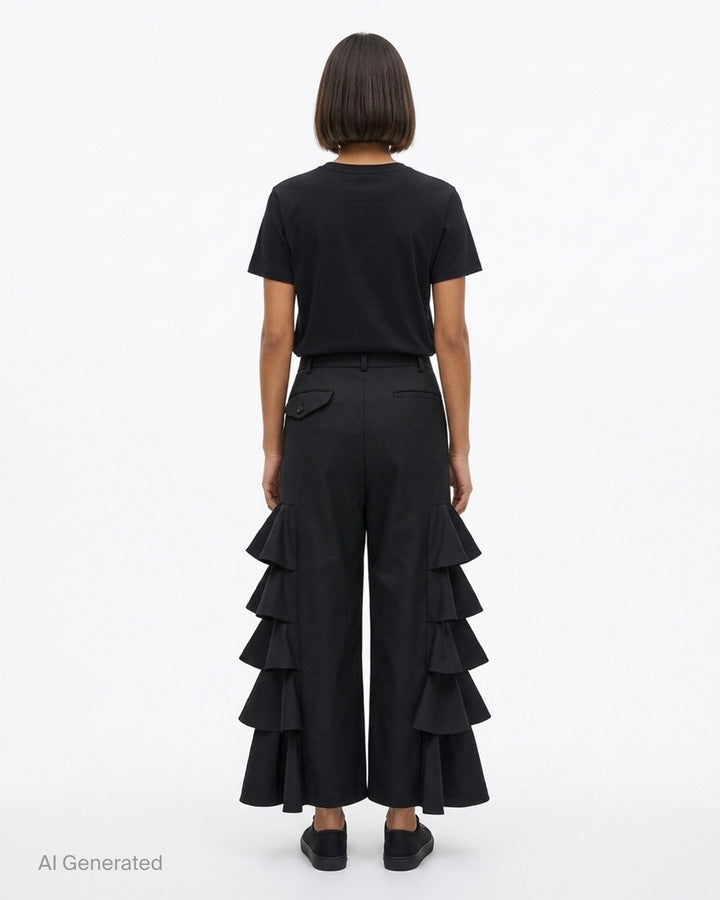 Black wide-leg cropped pants with cascading tiered ruffles down both sides, shown from the front against a white background - back