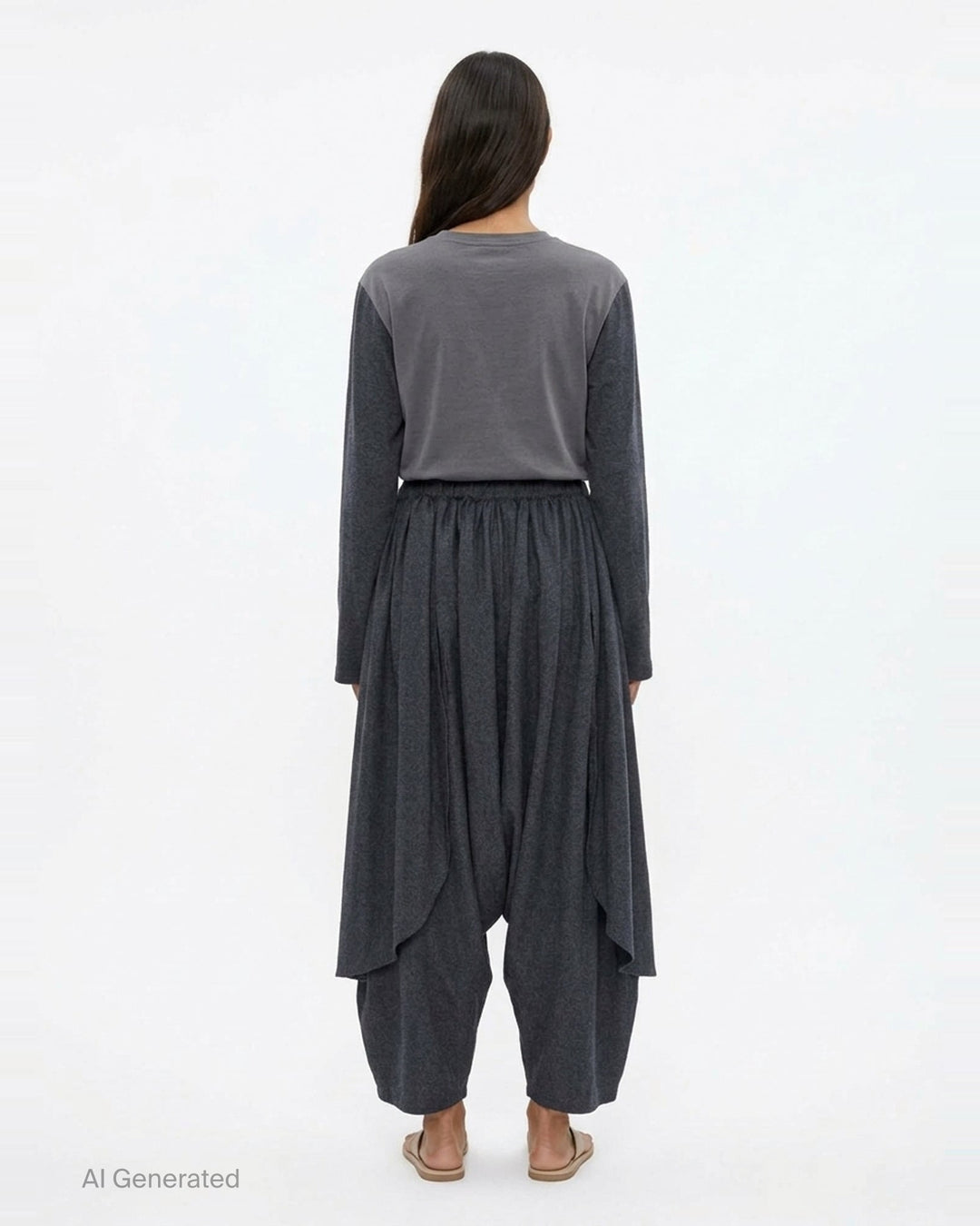 Comme des Garçons Comme des Garçons wide-leg cropped pants in dark charcoal with gathered skirt overlay and elasticated ruched waistband, front view - back