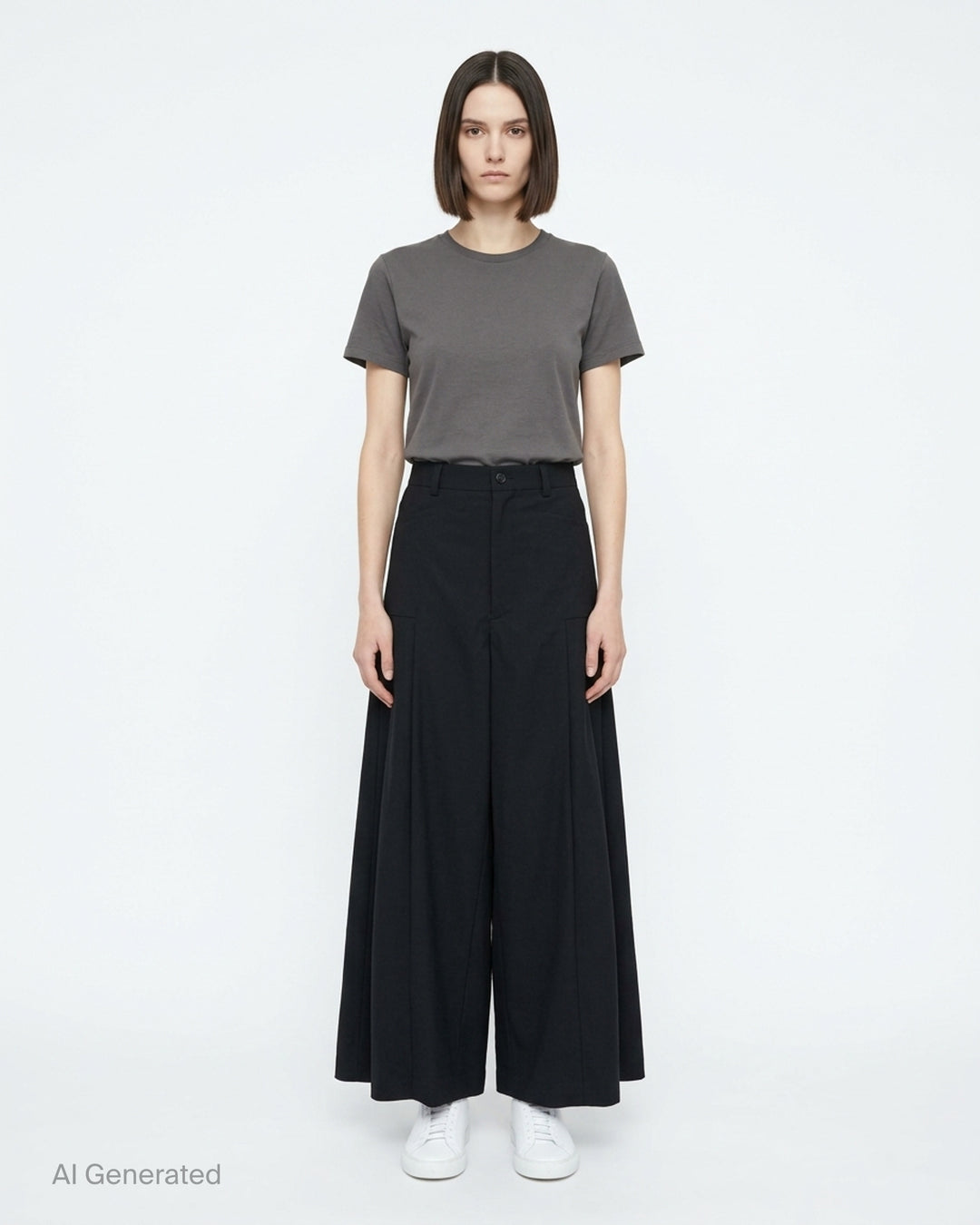Black wool gabardine wide-leg pants with pleated skirt-like panels and high waist by Comme des Garçons Comme des Garçons - front