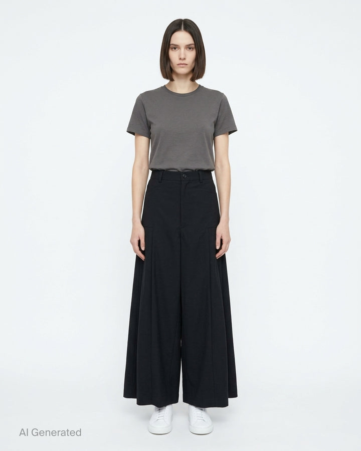 Black wool gabardine wide-leg pants with pleated skirt-like panels and high waist by Comme des Garçons Comme des Garçons - front