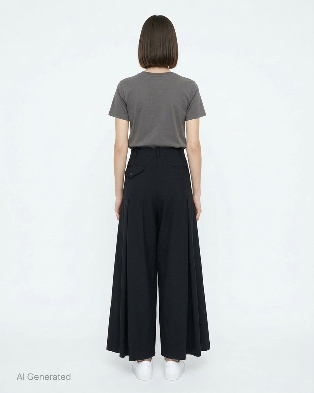 Black wool gabardine wide-leg pants with pleated skirt-like panels and high waist by Comme des Garçons Comme des Garçons - back