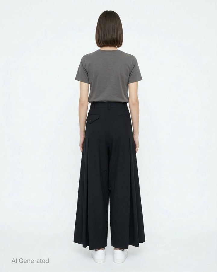 Black wool gabardine wide-leg pants with pleated skirt-like panels and high waist by Comme des Garçons Comme des Garçons - back