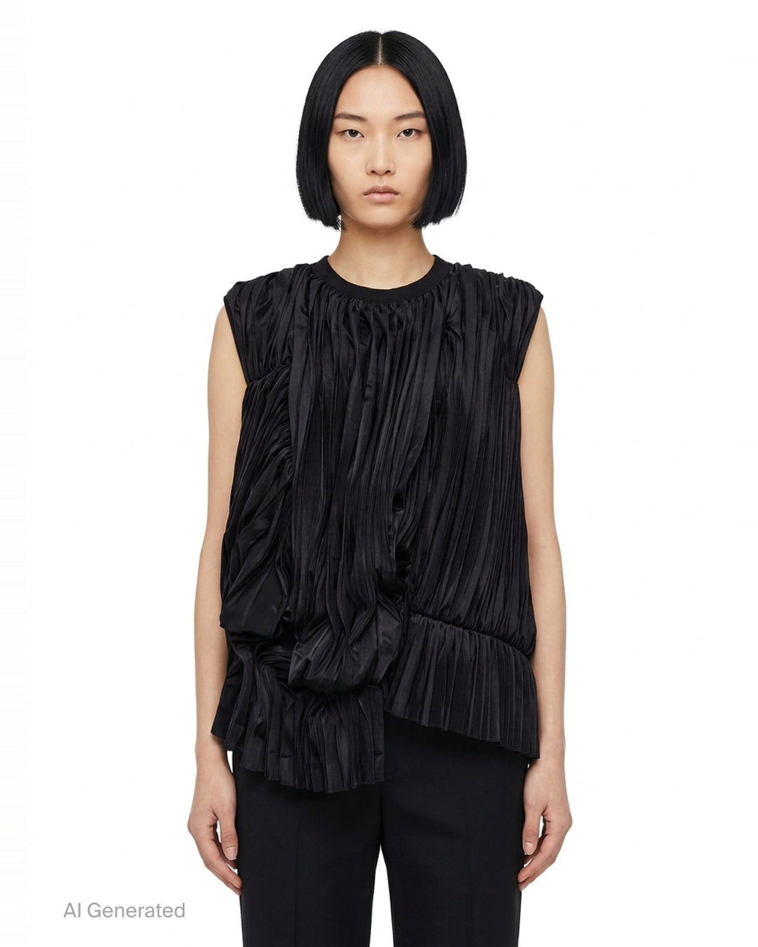 Comme des Garçons black pleated satin deconstructed ruched sleeveless top with asymmetric cascading hem, product flat lay on white background - front
