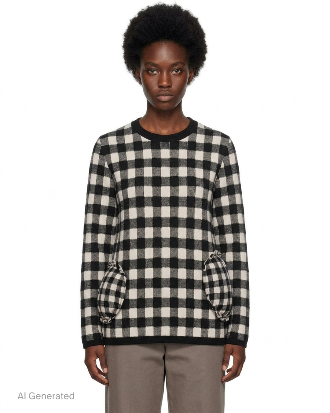 Comme des Garçons black and cream double jacquard gingham crewneck sweater with sculpted gathered pockets at the hips - front