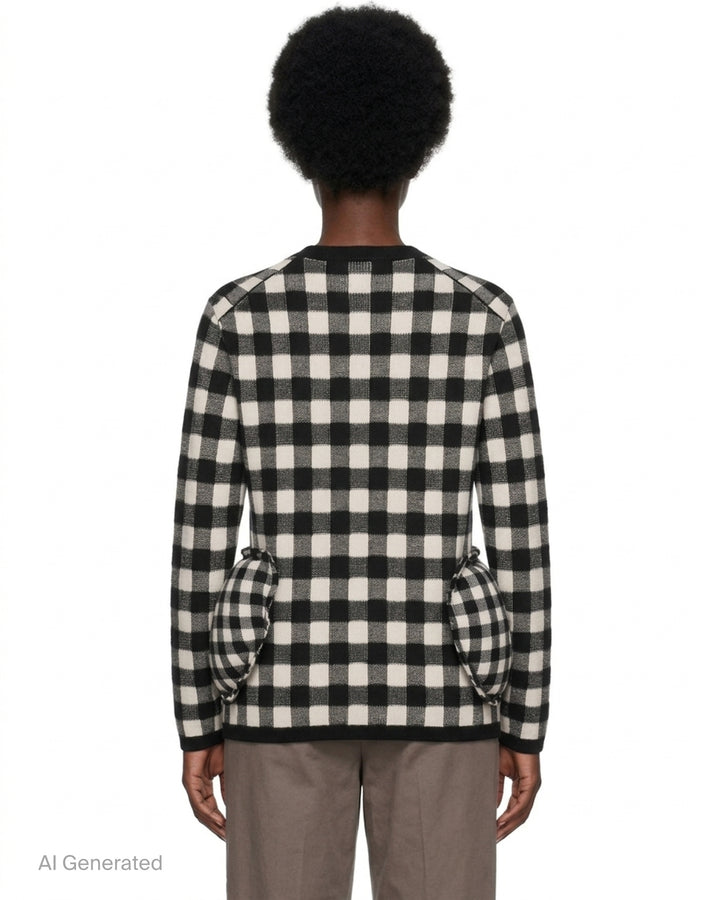 Comme des Garçons black and cream double jacquard gingham crewneck sweater with sculpted gathered pockets at the hips - back