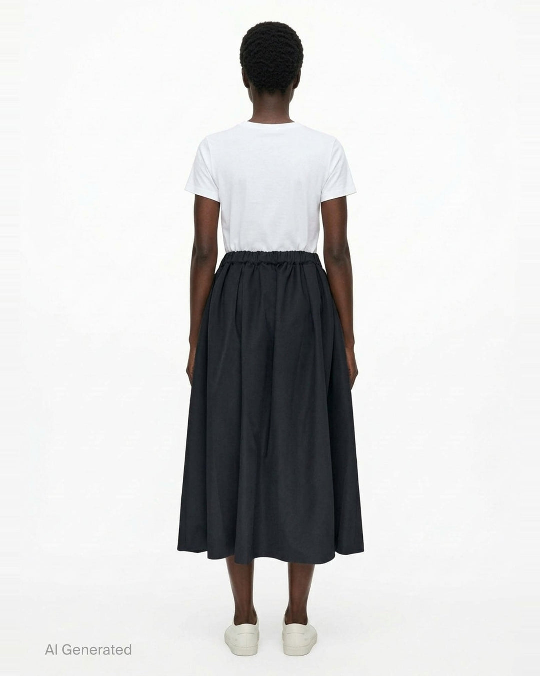 Comme des Garçons black asymmetrical midi skirt with ruched detailing and a flared hem, shown from the side against a white background - back