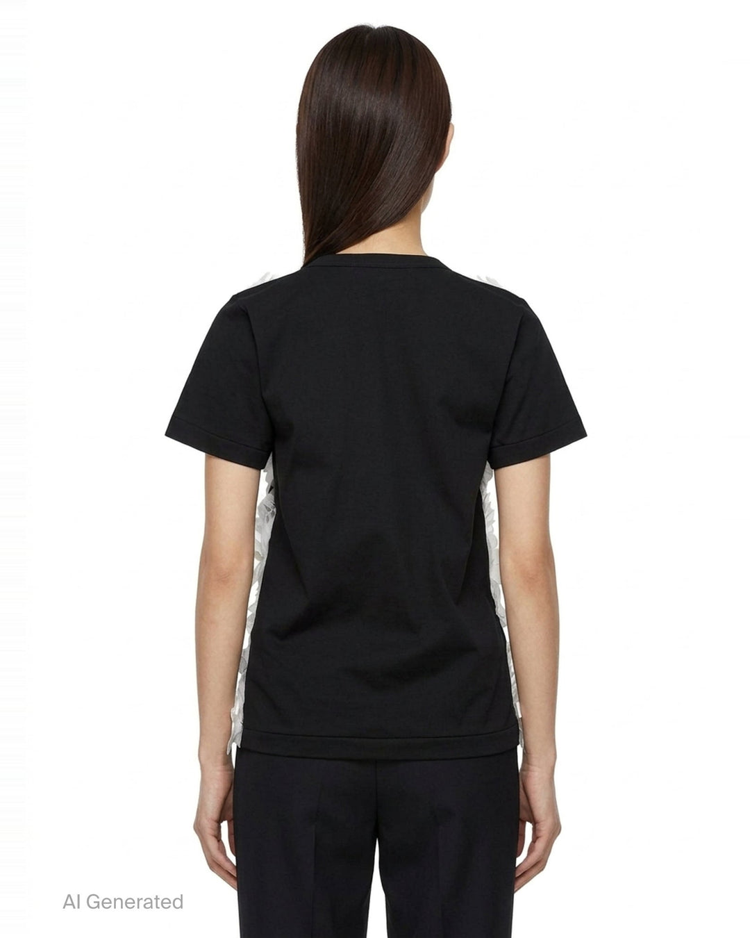 Comme des Garçons asymmetrical panelled oversize tee in black, featuring sheer chiffon flutter cape panels over an opaque jersey body, shown flat on white background - back