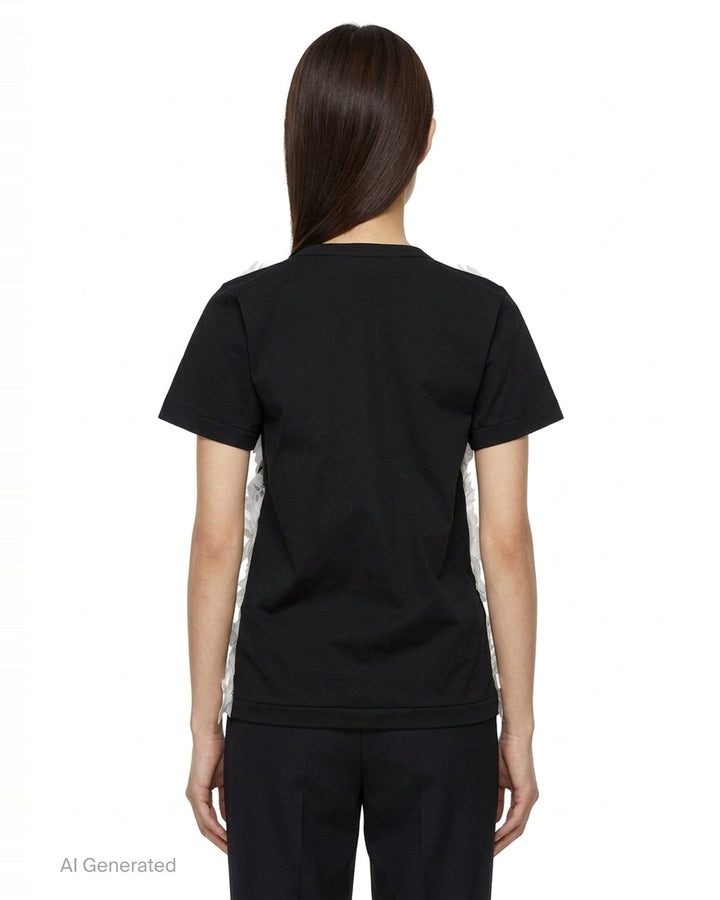 Comme des Garçons asymmetrical panelled oversize tee in black, featuring sheer chiffon flutter cape panels over an opaque jersey body, shown flat on white background - back