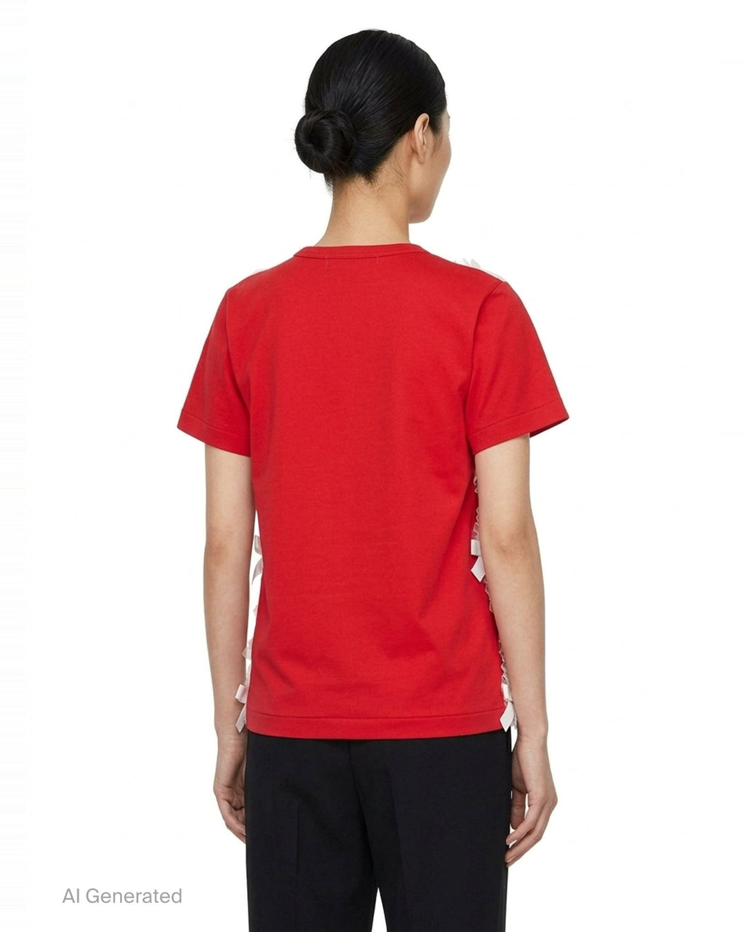 Comme des Garçons asymmetrical panelled oversize tee in black, featuring sheer chiffon flutter cape panels over an opaque jersey body, shown flat on white background - back