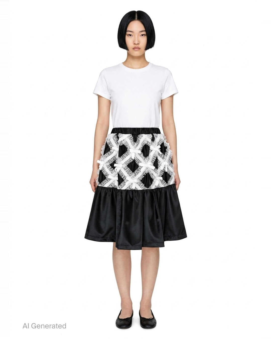 Comme des Garçons Girl black satin A-line skirt with white criss-cross tulle lattice overlay and satin ribbon bows, gathered flared hem, white background - front