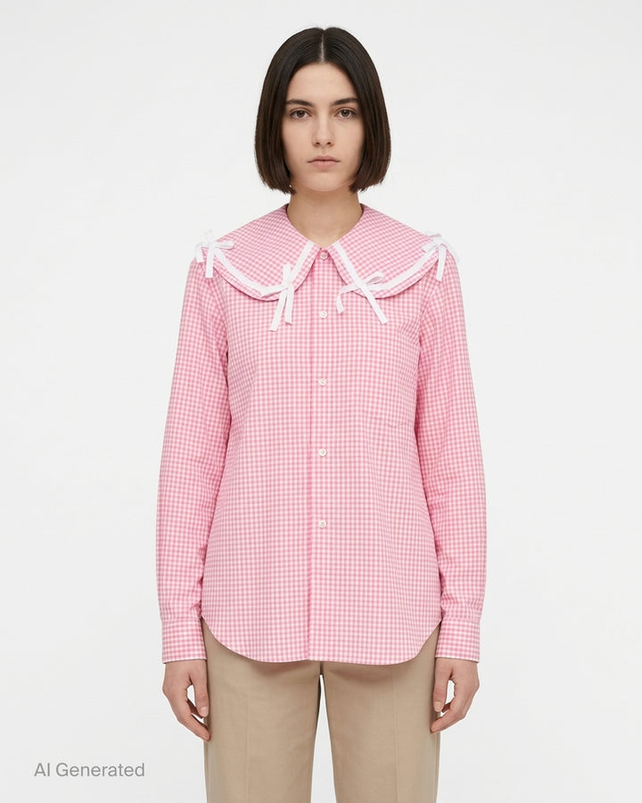 Comme des Garçons Girl pink and white gingham straight cut shirt with oversized collar trimmed in white ribbon bows, shown front view - front