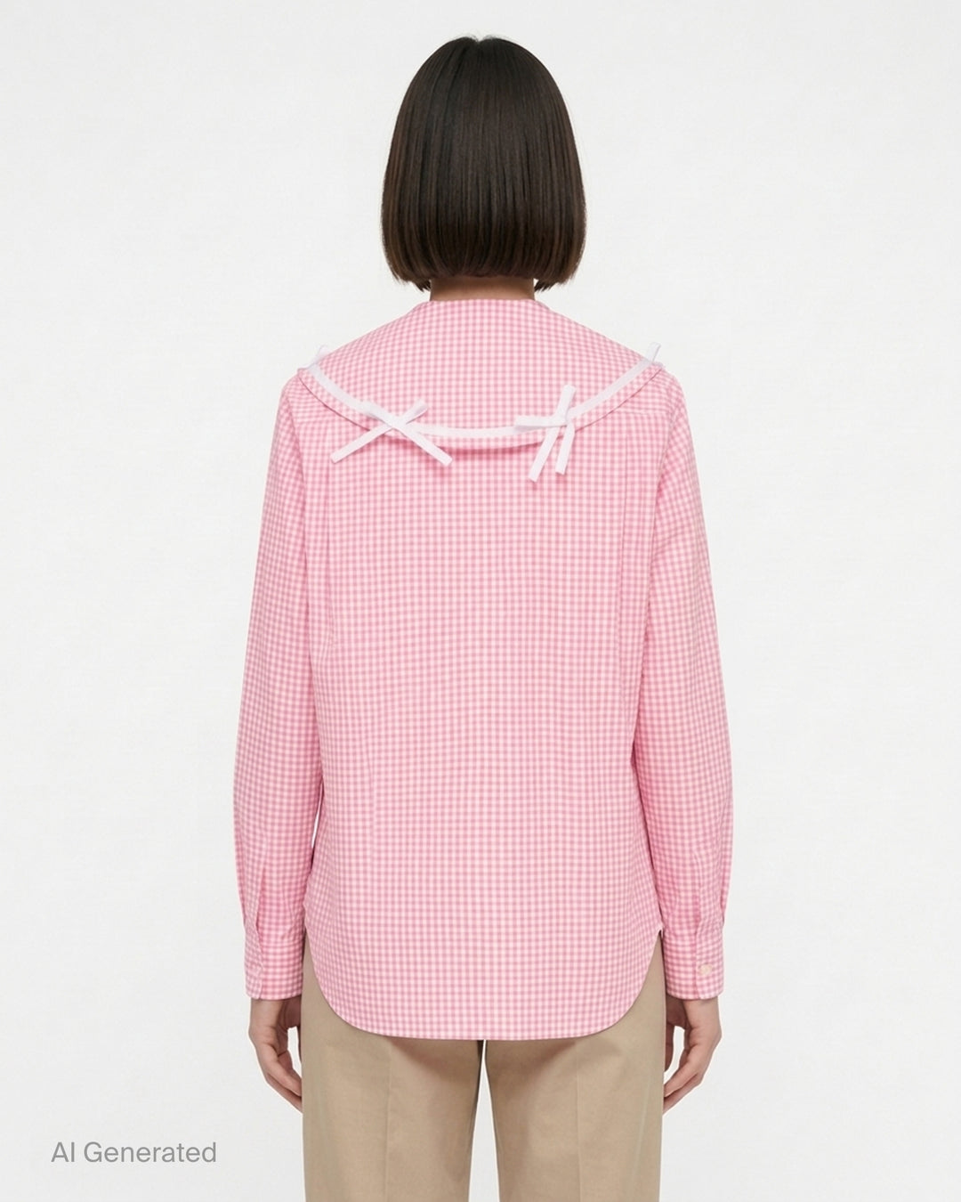 Comme des Garçons Girl pink and white gingham straight cut shirt with oversized collar trimmed in white ribbon bows, shown front view - back