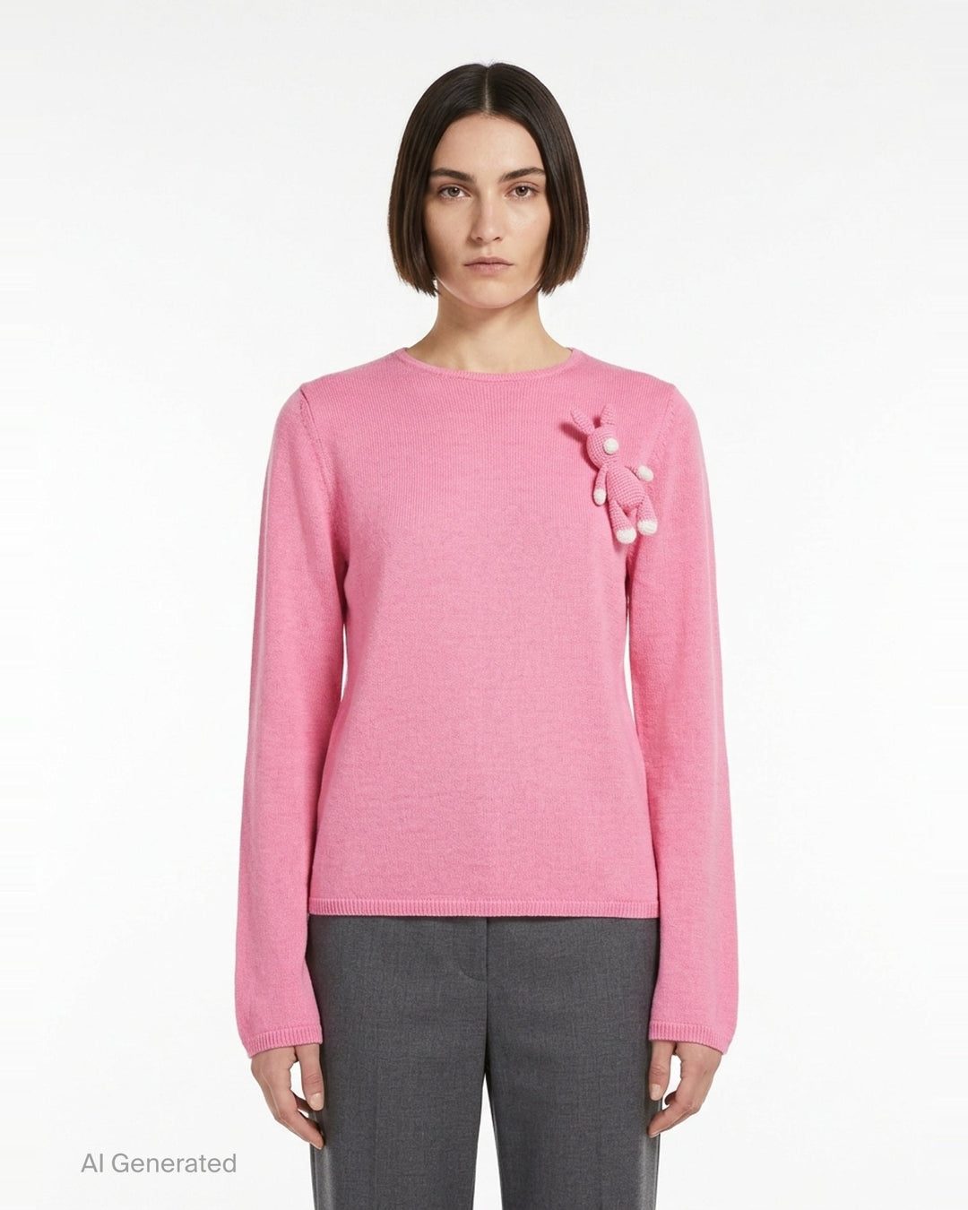 Comme des Garçons Girl ivory long sleeve fine knit top with 3D crochet unicorn appliqué in white and pink on the chest, crew neckline, flat lay on white background - front