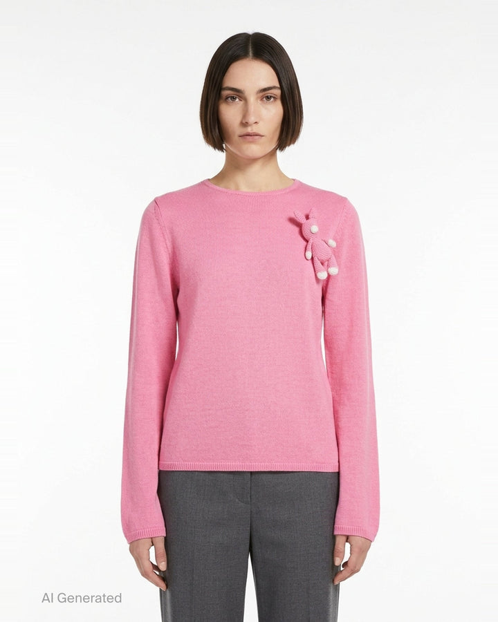 Comme des Garçons Girl ivory long sleeve fine knit top with 3D crochet unicorn appliqué in white and pink on the chest, crew neckline, flat lay on white background - front
