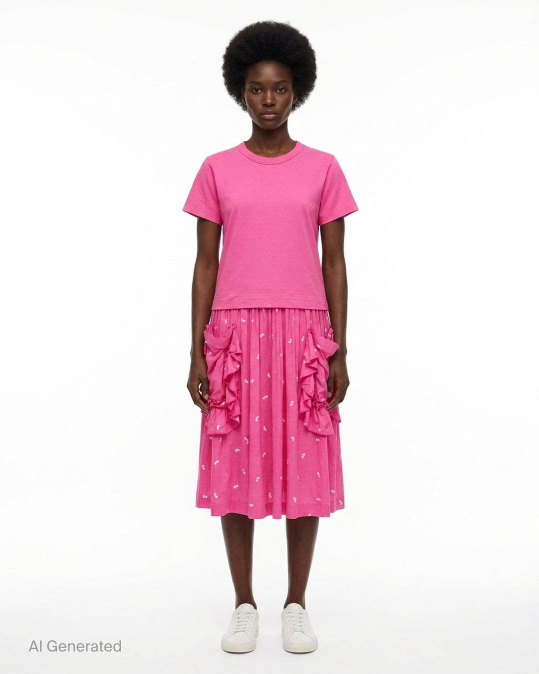Comme des Garçons Girl pink dress with a short-sleeve jersey tee top and a gathered cherry-print skirt with ruffled pockets - front