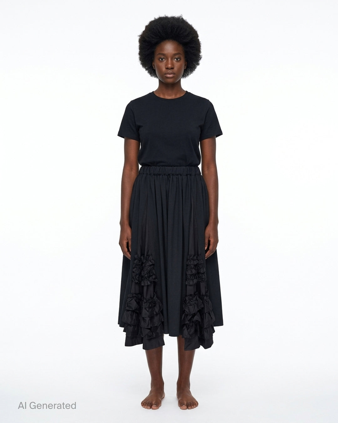 Comme des Garçons Girl black A-line midi skirt with elasticated waist and tiered gathered ruffle panels at the hem - front