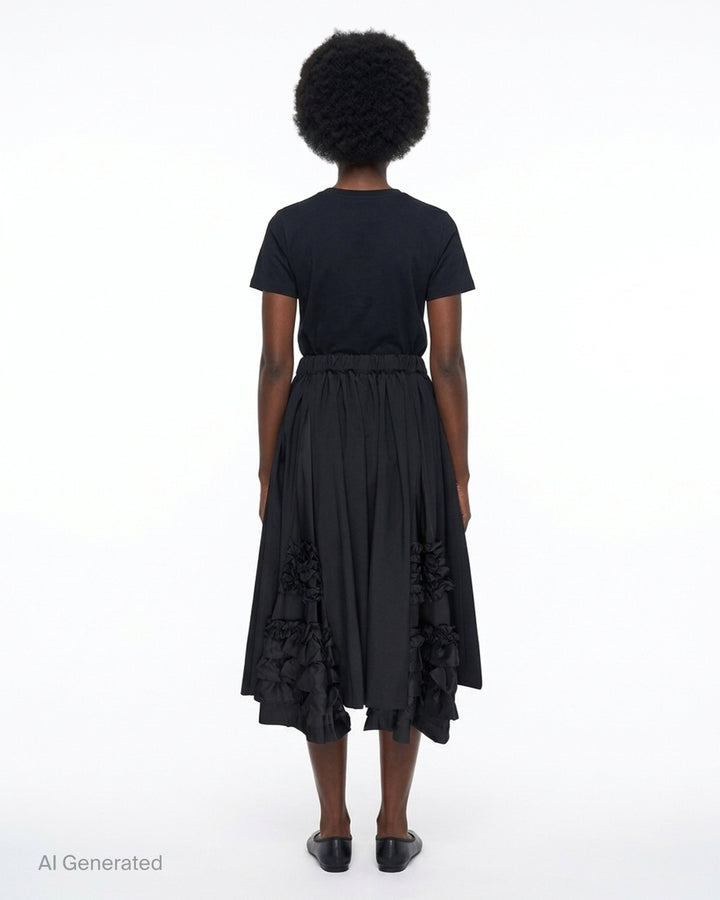 Comme des Garçons Girl black A-line midi skirt with elasticated waist and tiered gathered ruffle panels at the hem - back
