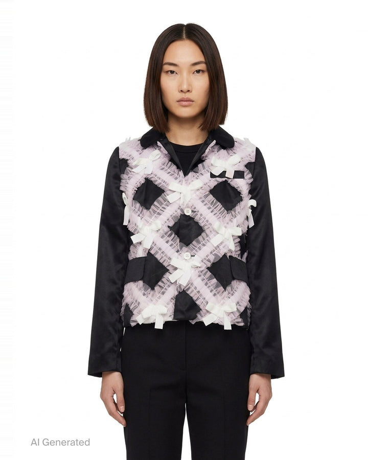 Comme des Garçons Girl black satin jacket with sheer tulle criss-cross ruffles and white ribbon bows across the front body, shown flat on a white background - front