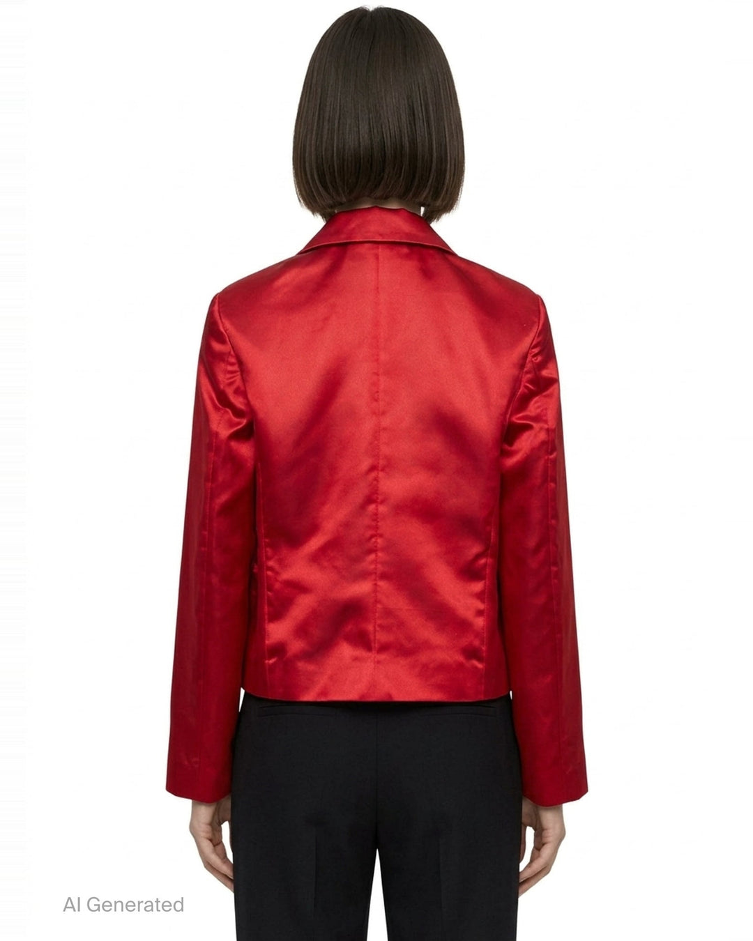 Comme des Garçons Girl black satin jacket with sheer tulle criss-cross ruffles and white ribbon bows across the front body, shown flat on a white background - back