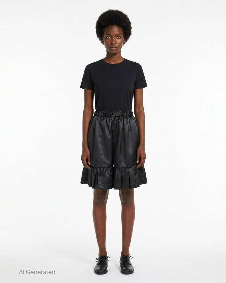 Comme des Garçons Girl black satin shorts with elasticated ruched waistband, gathered silhouette, and tiered ruffle hem, shot flat on a white background - front