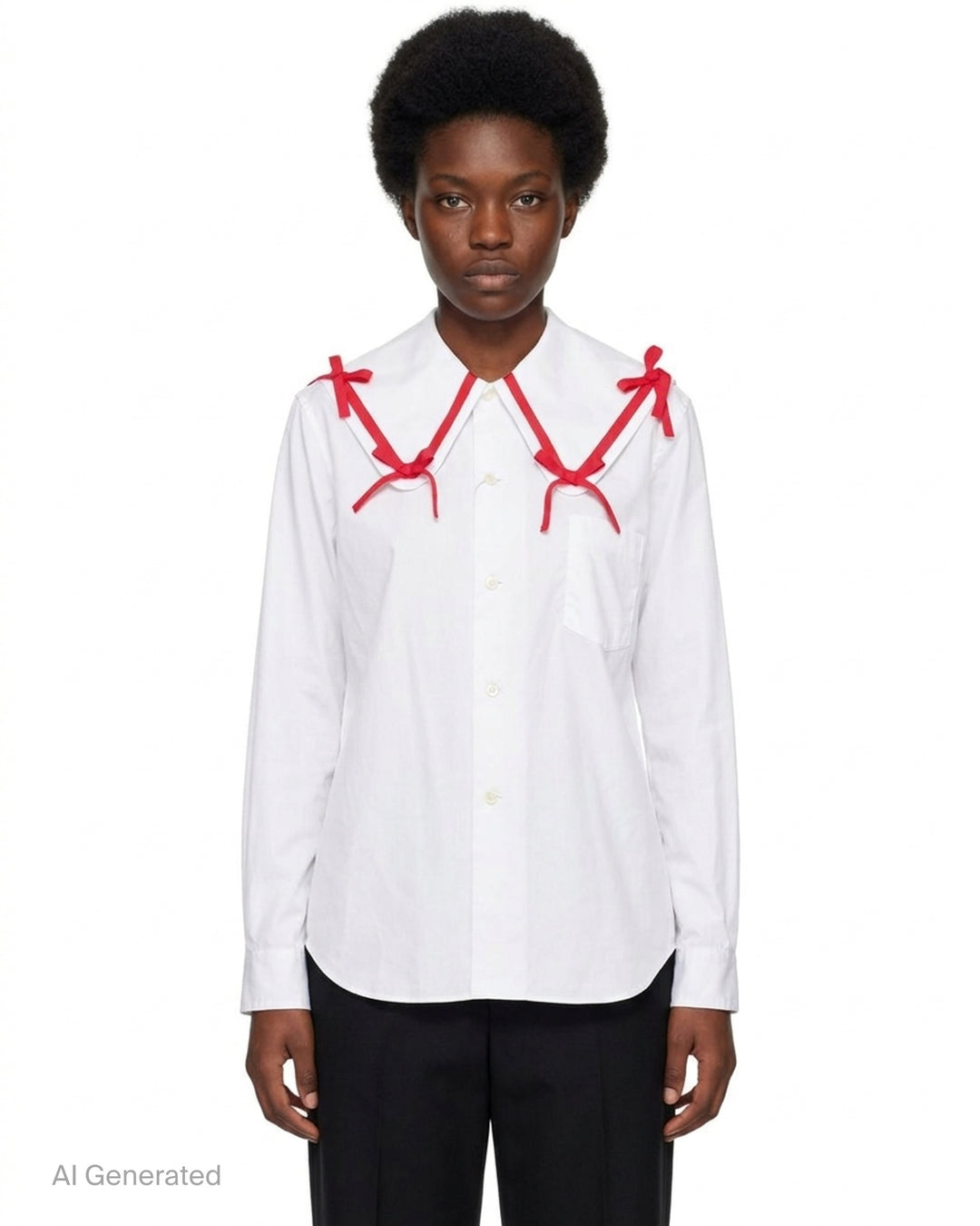 Comme des Garçons Girl white straight cut blouse with oversized collar trimmed in red grosgrain ribbon bows, shown from the front - front