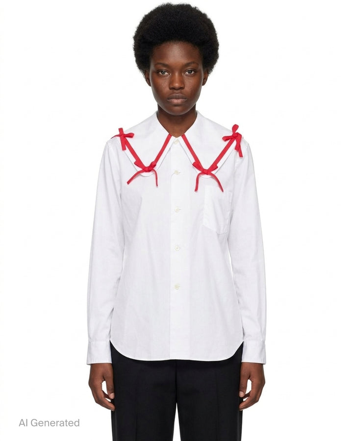 Comme des Garçons Girl white straight cut blouse with oversized collar trimmed in red grosgrain ribbon bows, shown from the front - front