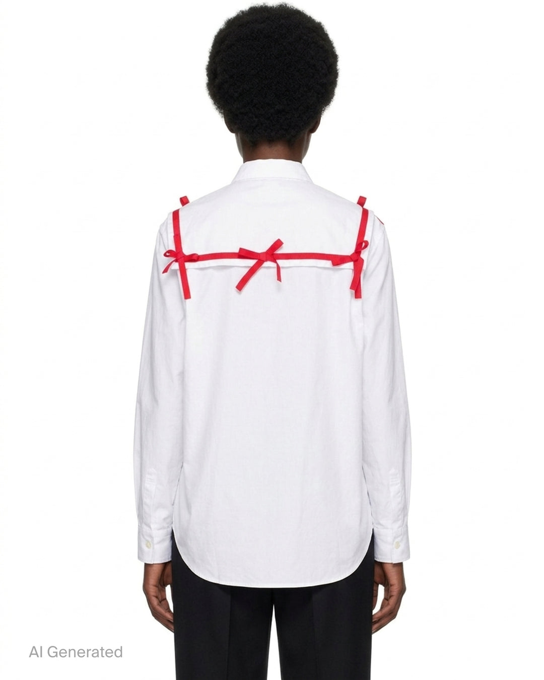 Comme des Garçons Girl white straight cut blouse with oversized collar trimmed in red grosgrain ribbon bows, shown from the front - back