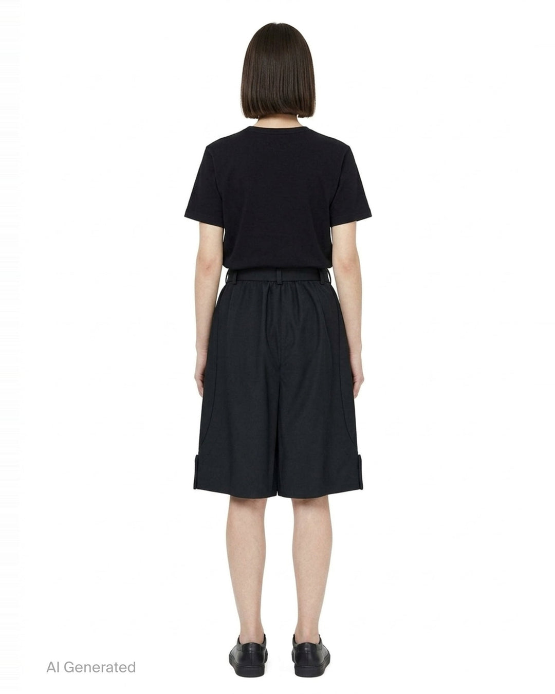 Comme des Garçons Girl black tailored knee-length shorts with wide-leg silhouette, soft pleating at the high-rise waistband, single-button closure, and cuffed hems - back