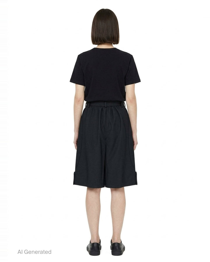 Comme des Garçons Girl black tailored knee-length shorts with wide-leg silhouette, soft pleating at the high-rise waistband, single-button closure, and cuffed hems - back