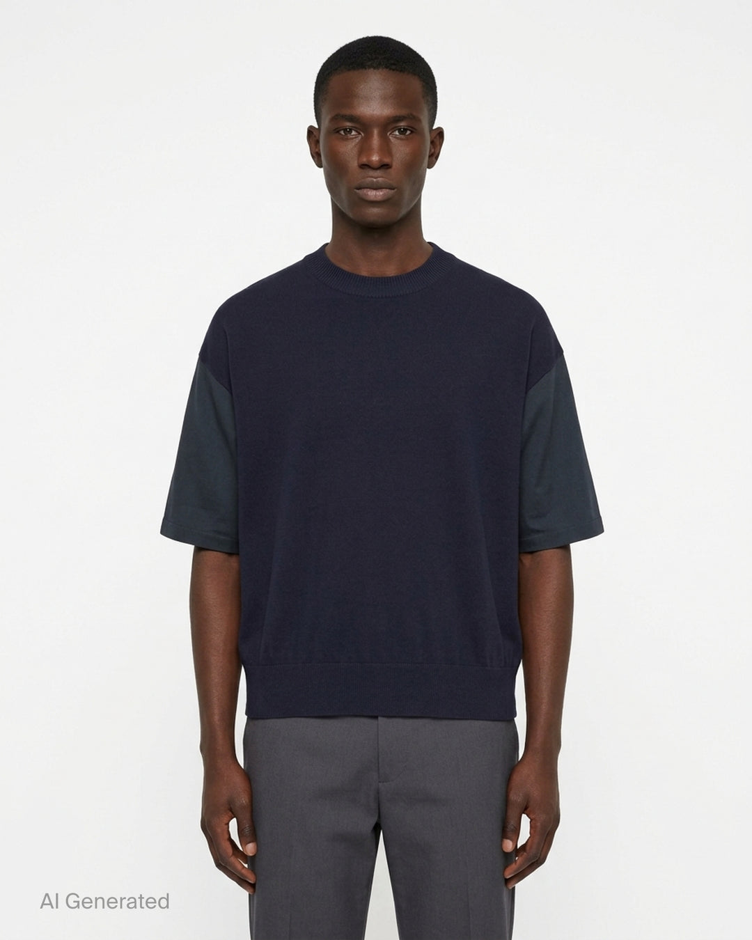 Comme des Garçons Homme navy fine-knit tee with contrasting black short sleeves, ribbed crew neck and hem, shown flat from the front - front