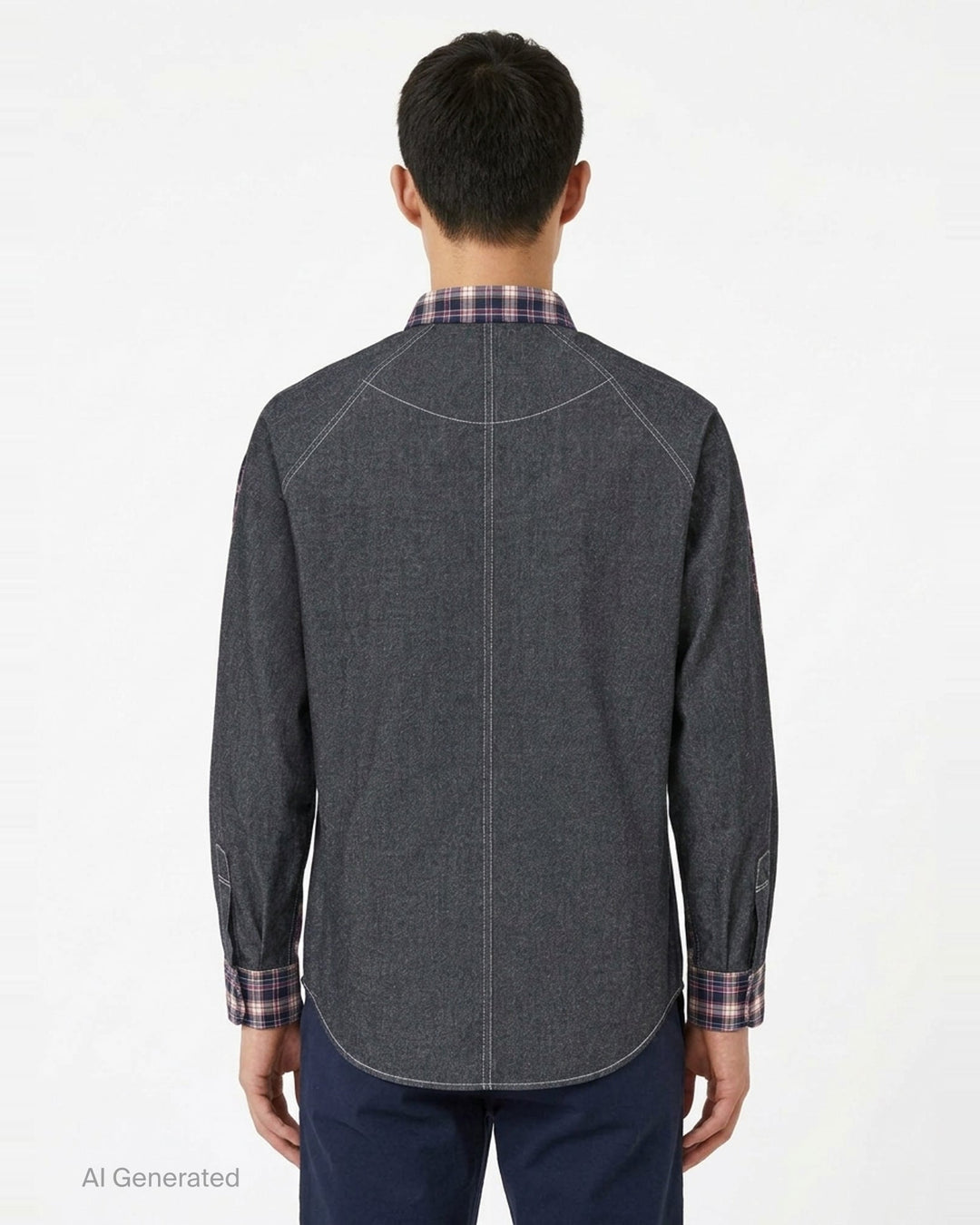 Comme des Garçons Homme cotton twill long sleeve shirt in navy, white, red, and olive plaid check with button-down collar and chest pocket - back