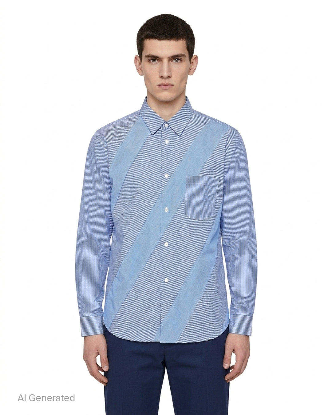 Comme des Garçons Homme Deux long sleeve shirt in blue and white cotton broad stripe with a diagonal patchwork panel, pointed collar and chest pocket - front