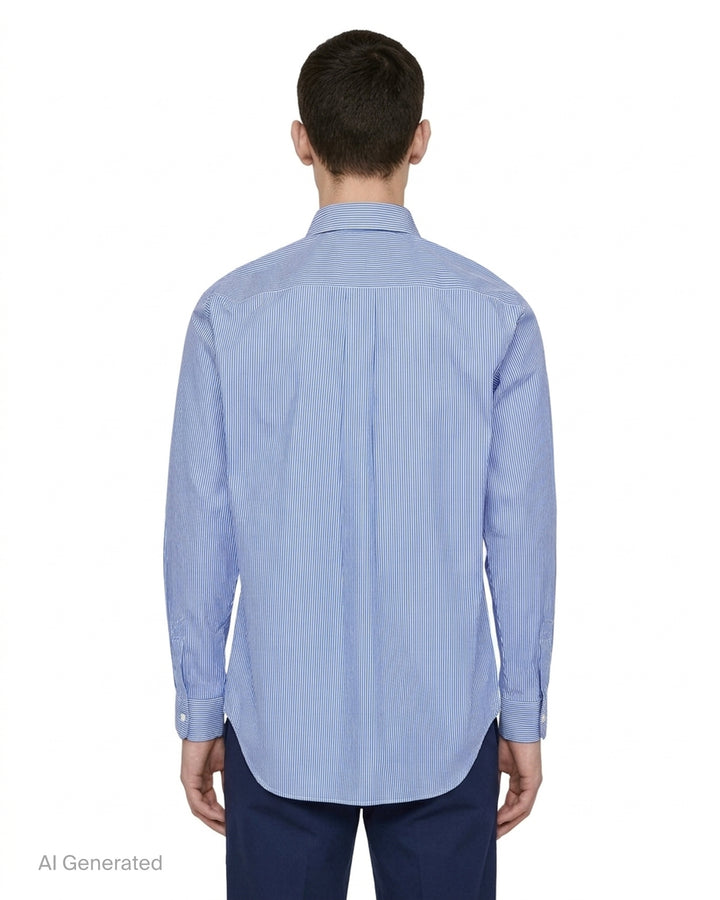 Comme des Garçons Homme Deux long sleeve shirt in blue and white cotton broad stripe with a diagonal patchwork panel, pointed collar and chest pocket - back