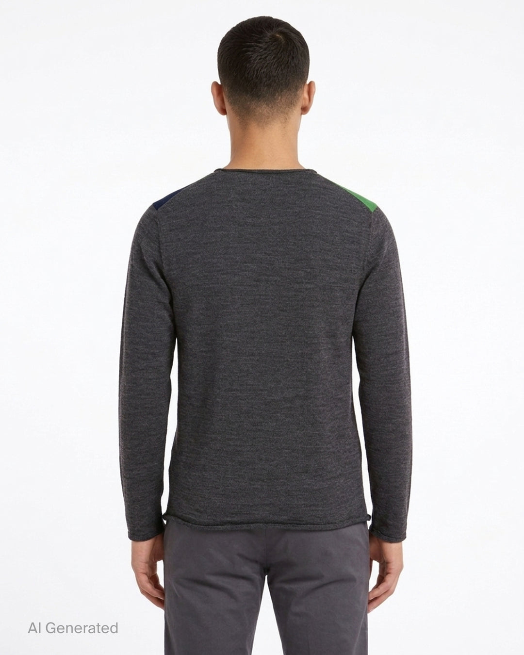 Comme des Garçons Homme Deux long sleeve crew-neck sweater with geometric patchwork panels in green, burgundy and navy on a charcoal grey knit - back