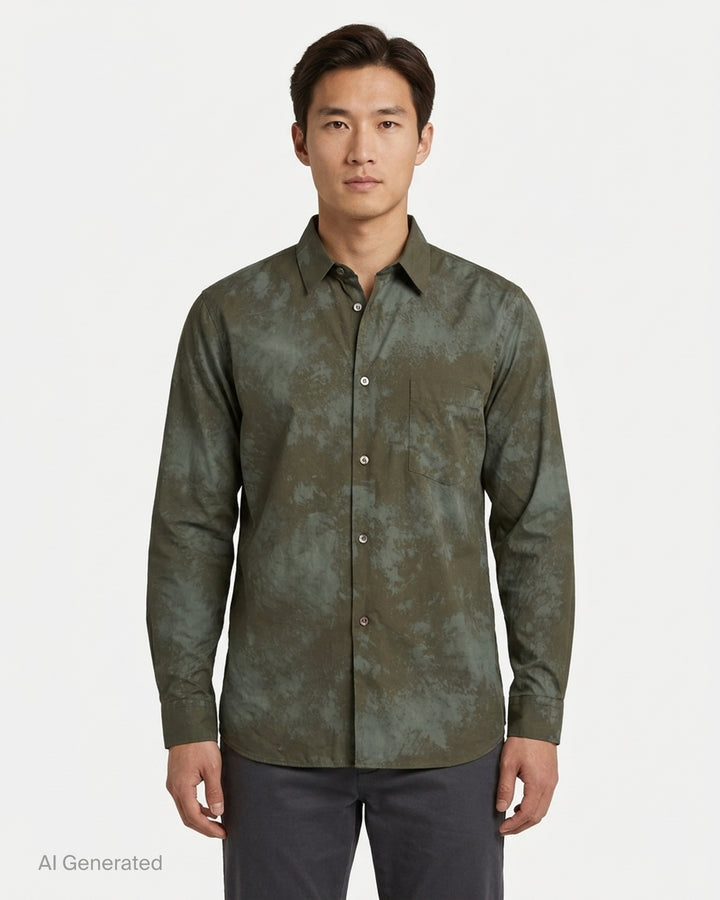Comme des Garçons Homme Deux long sleeve button-up shirt in navy and black tie-dye with chest pocket, front view - front