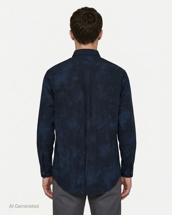 Comme des Garçons Homme Deux long sleeve button-up shirt in navy and black tie-dye with chest pocket, front view - back
