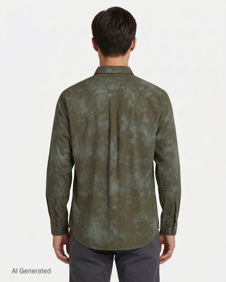 Comme des Garçons Homme Deux long sleeve button-up shirt in navy and black tie-dye with chest pocket, front view - back