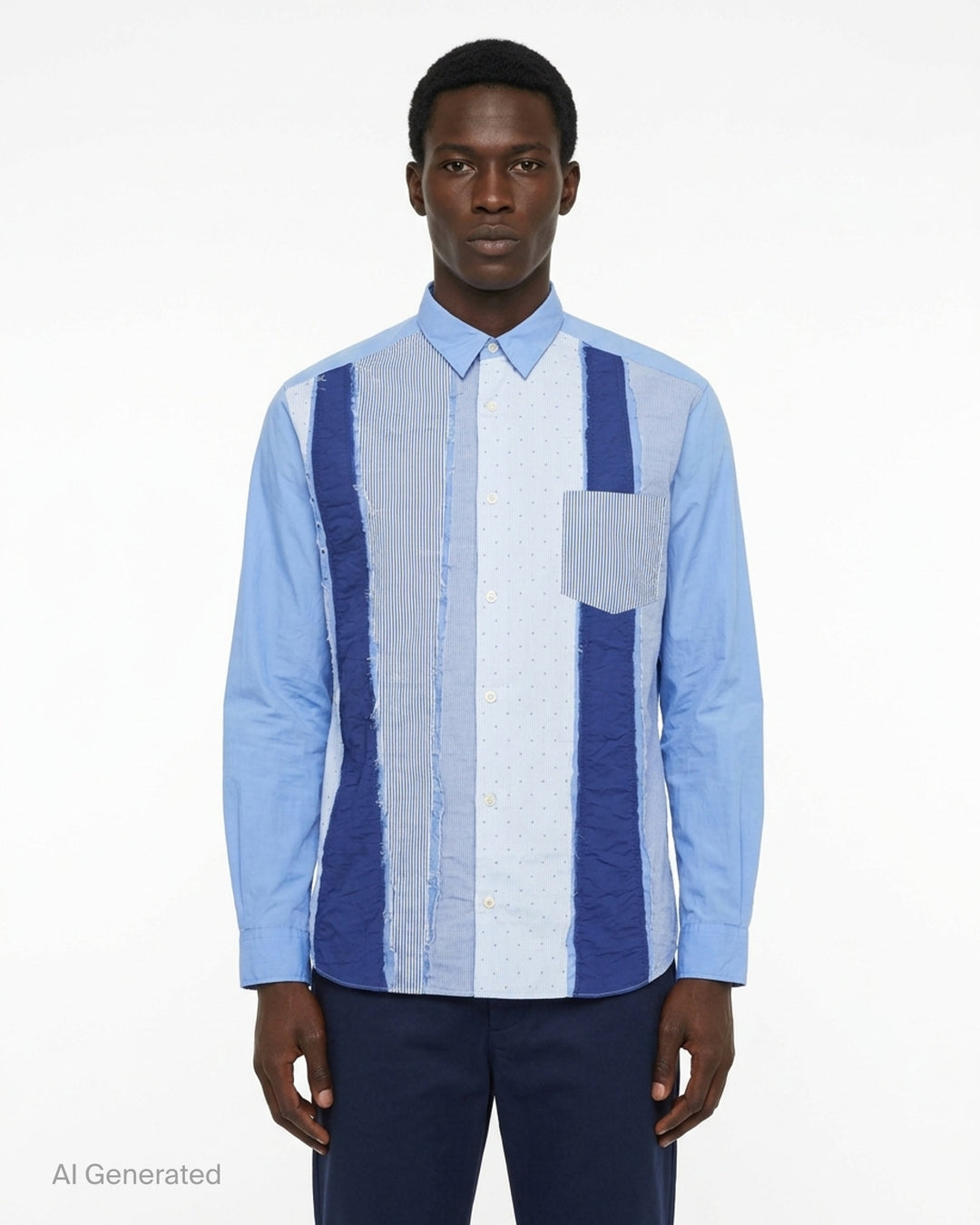 Comme des Garçons Homme long sleeve multi fabrication shirt in blue patchwork stripes and dots with frayed seams and a striped chest pocket - front