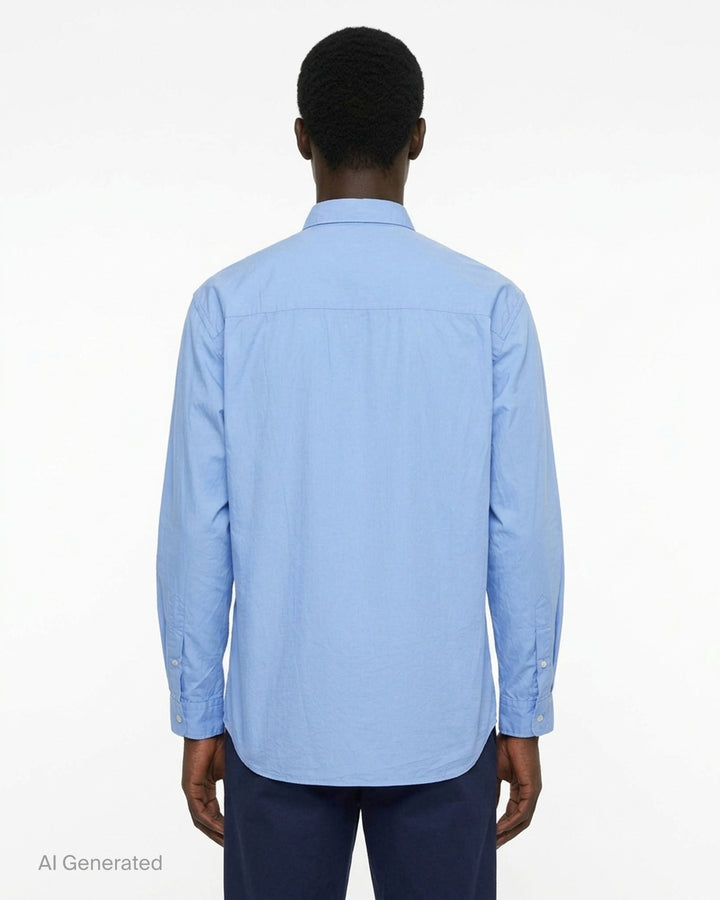 Comme des Garçons Homme long sleeve multi fabrication shirt in blue patchwork stripes and dots with frayed seams and a striped chest pocket - back