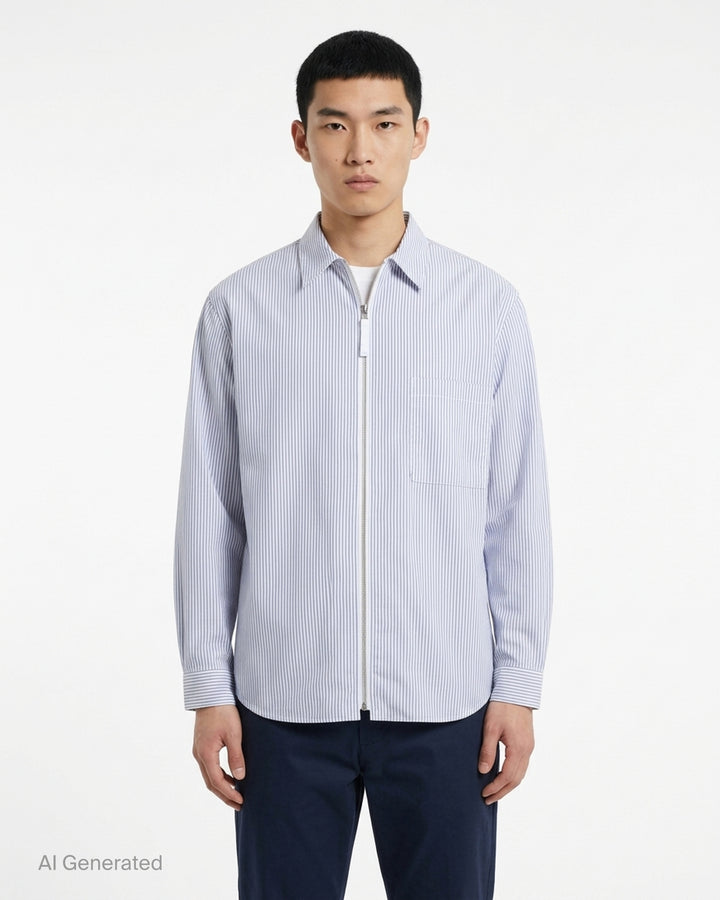 Comme des Garçons Homme long sleeve zip front shirt in blue and white pinstripe with pointed collar and chest patch pocket - front