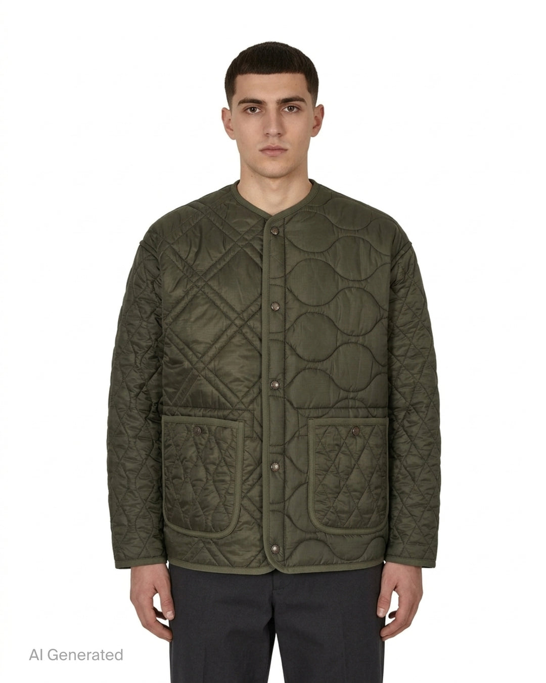 Olive green quilted ripstop nylon jacket with mixed diamond and wave quilting, collarless neckline, snap front and two patch pockets - front