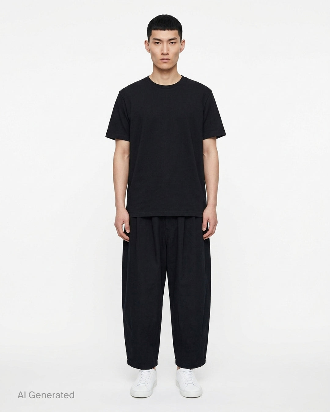 Comme des Garçons Homme black cotton twill pants with pleated front, elasticated waistband and wide cropped legs - front