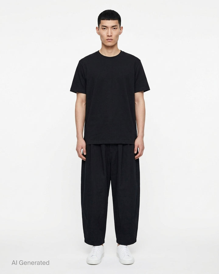 Comme des Garçons Homme black cotton twill pants with pleated front, elasticated waistband and wide cropped legs - front