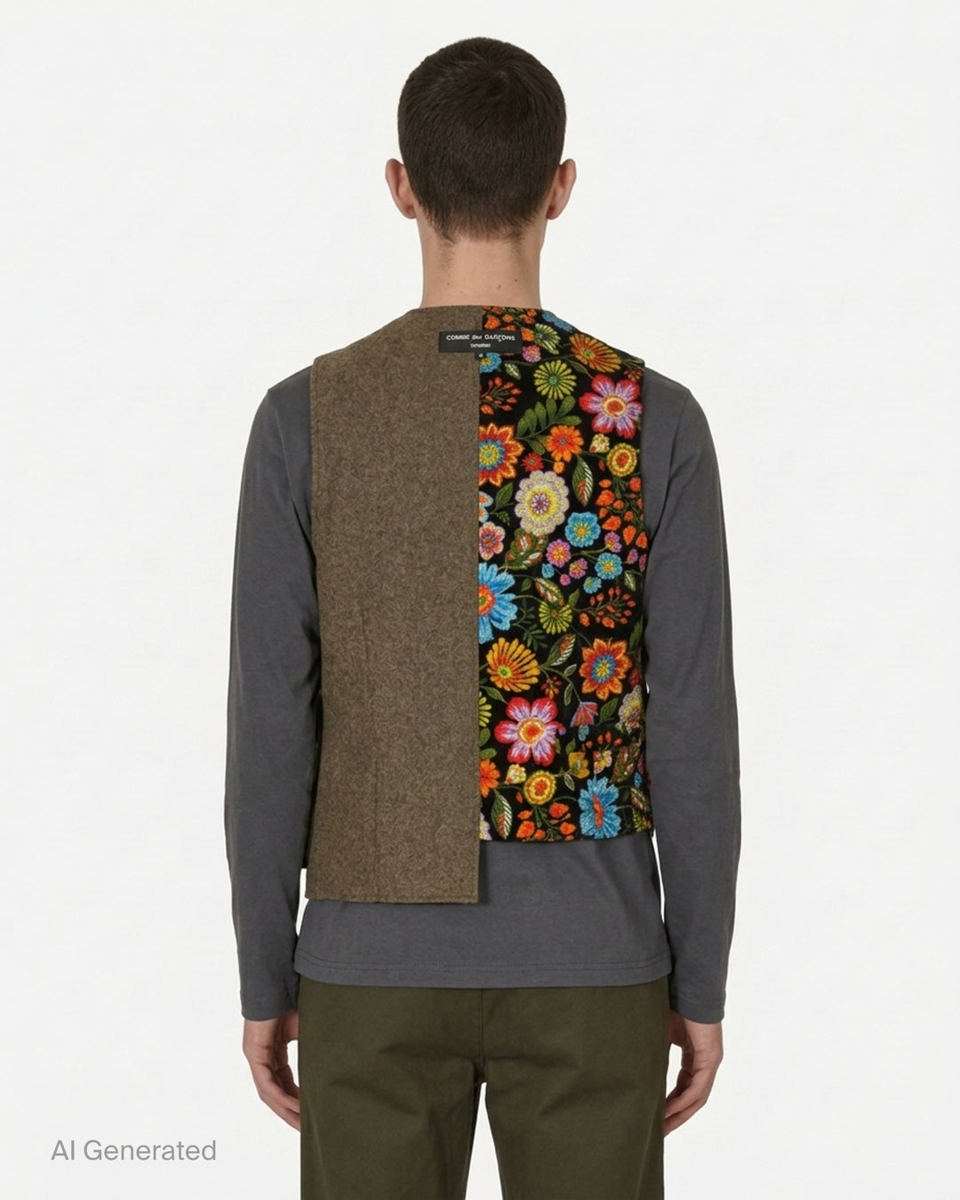 Comme des Garçons Homme Plus asymmetrical vest with an olive wool half, a multicolour embroidered floral half on black, and a large flap pocket - back