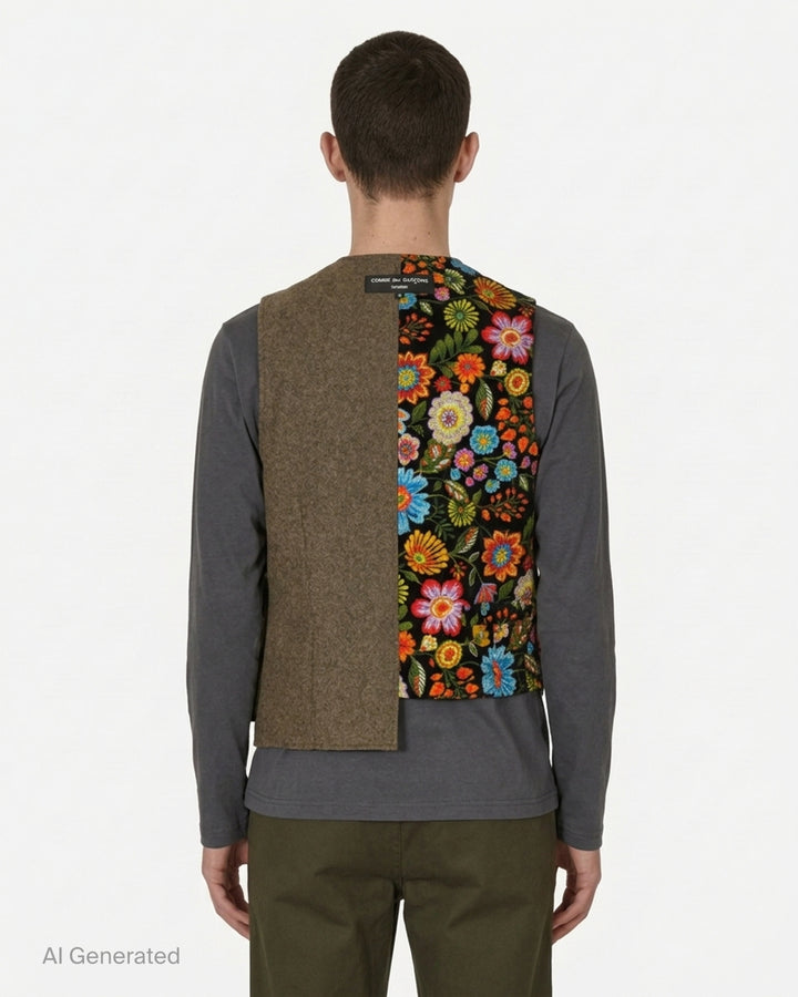 Comme des Garçons Homme Plus asymmetrical vest with an olive wool half, a multicolour embroidered floral half on black, and a large flap pocket - back