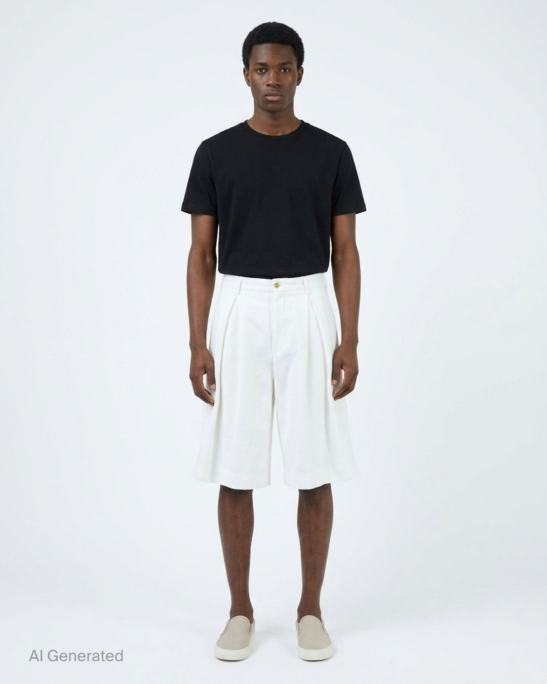 Comme des Garçons Homme Plus white crinkle shorts with deep front pleats and a wide knee-length leg - front