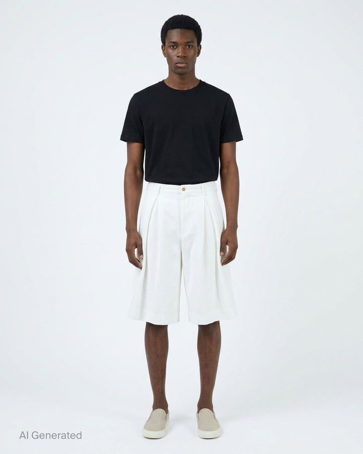 Comme des Garçons Homme Plus white crinkle shorts with deep front pleats and a wide knee-length leg - front