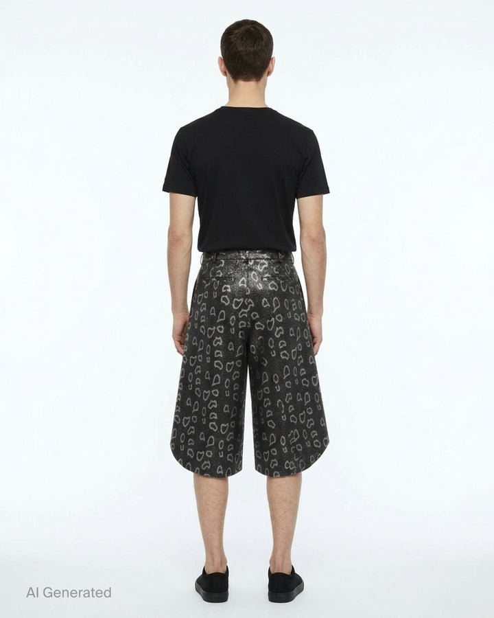 Comme des Garçons Homme Plus wide-leg pants in dark metallic polyester jacquard with an allover open-heart print and dramatically flared curved hem - back
