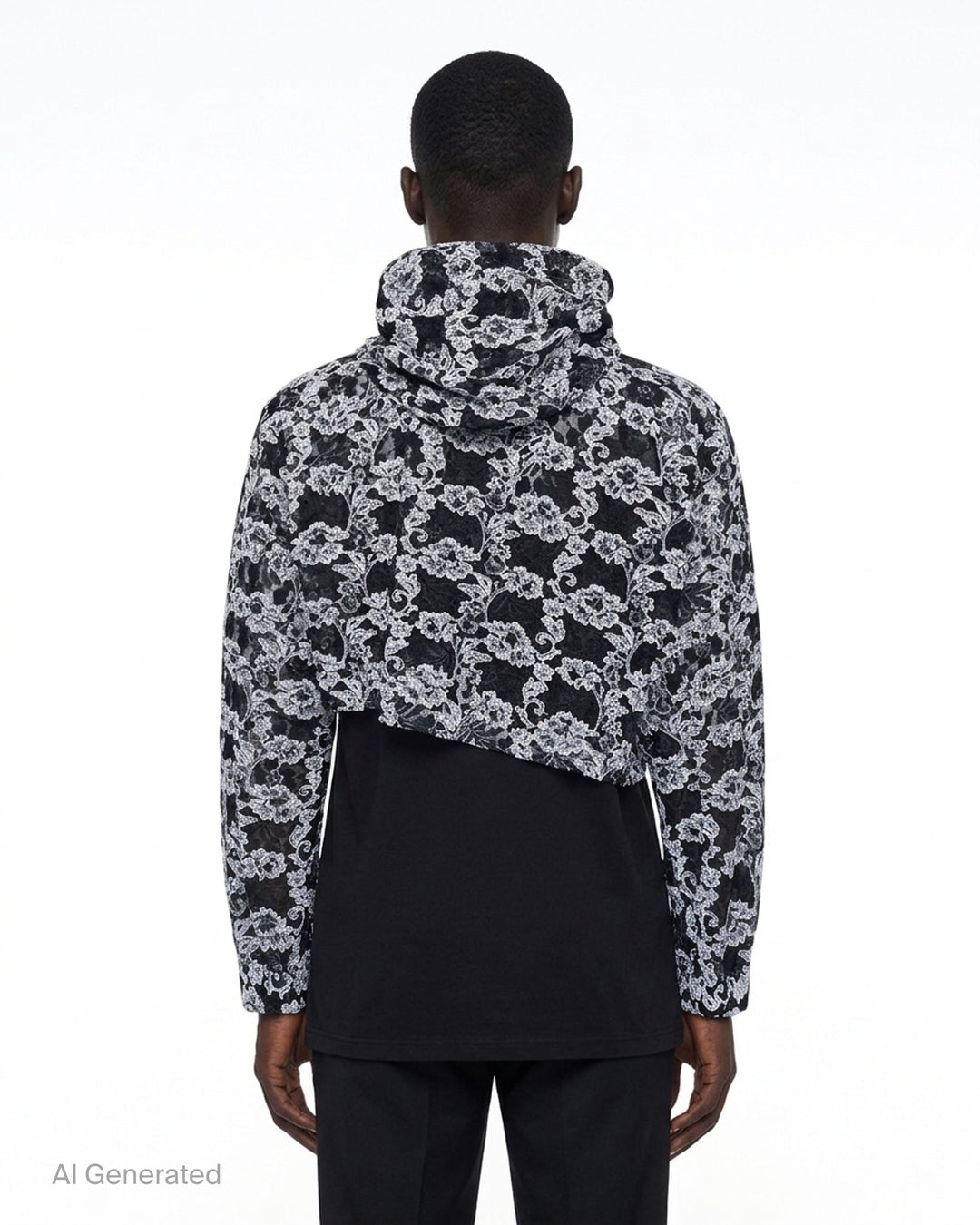 Comme des Garçons Homme Plus cropped hooded jacket in black and white floral embroidered nylon tulle with asymmetric raw hem and drawstring hood - back