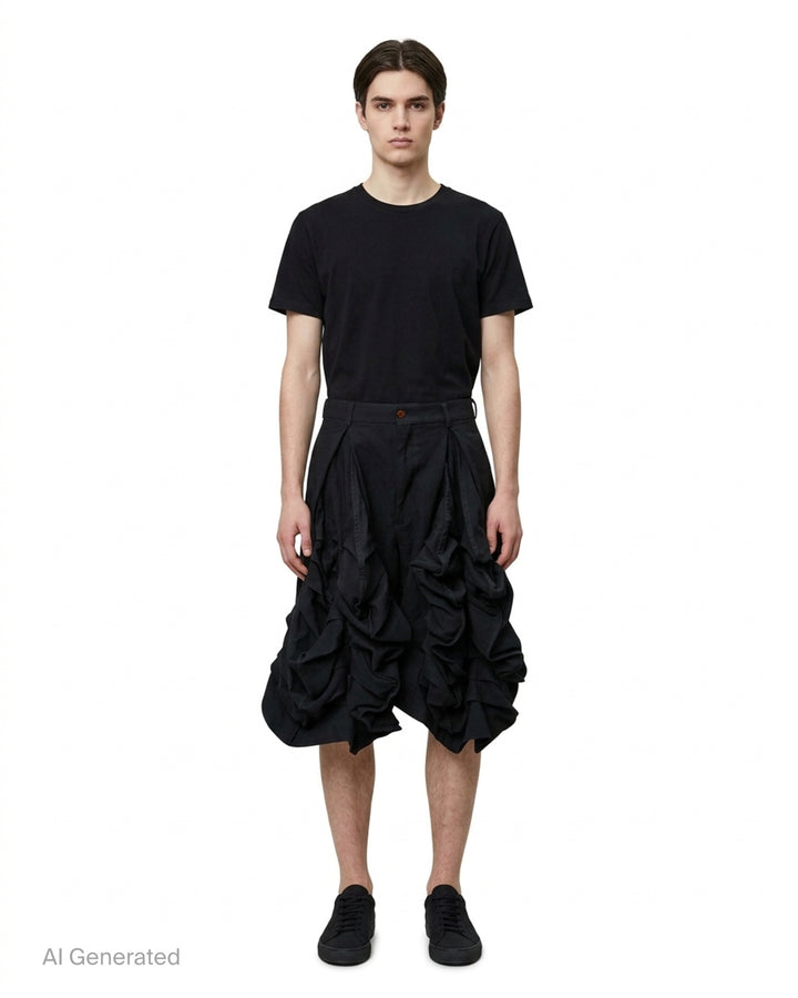Comme des Garçons Homme Plus garment-dyed black polyester serge shorts with dramatic ruched ruffle detailing and structured waistband, front view - front